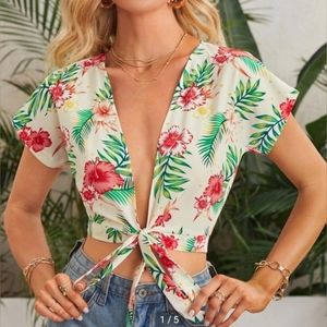 Tropical Print Tie Front Crop Top XS